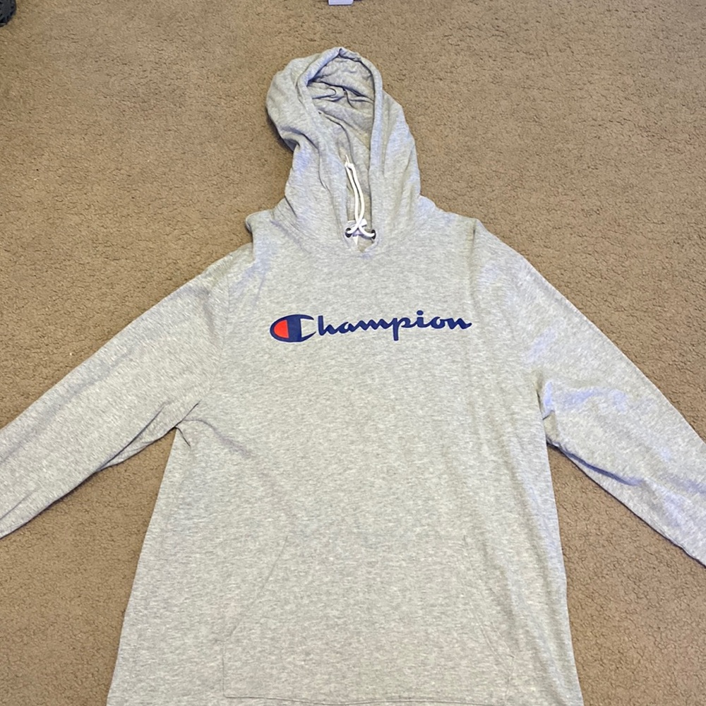 Grey champion hoodie. Size large.